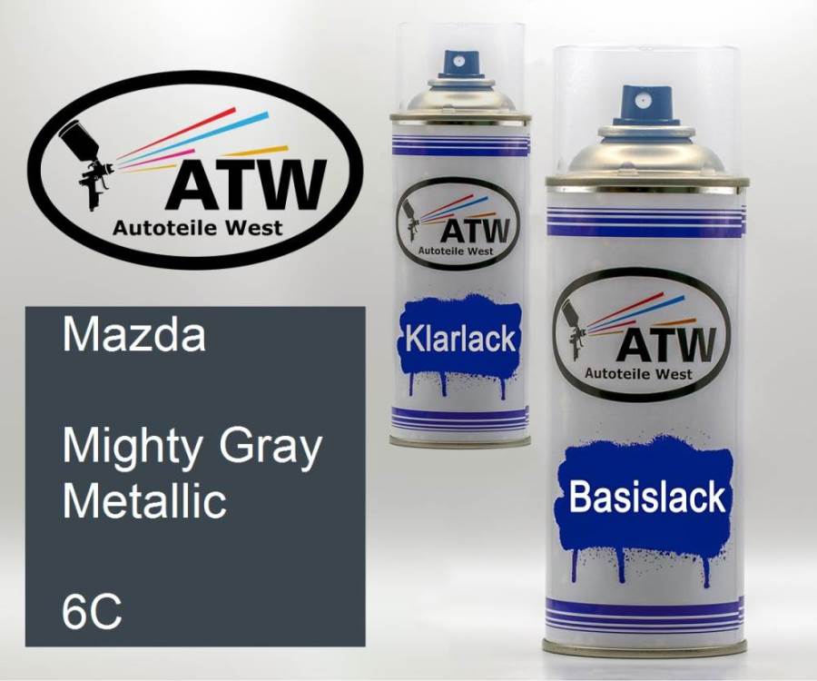 Mazda, Mighty Gray Metallic, 6C: 400ml Sprühdose + 400ml Klarlack - Set, von ATW Autoteile West.